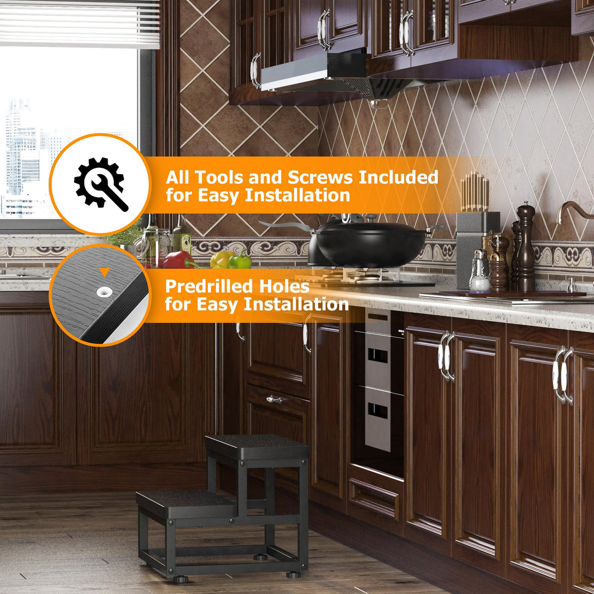 2 Step Wooden Step Stools for Adults Kids, Heavy Duty Stepping Stools Wooden Bed Step Stools for High Beds, Non-Slip 2 Bedside Foot Stool with 500 Lbs Capacity, Kitchen, Bed, RVS Step, Rustic Brown FYGUES