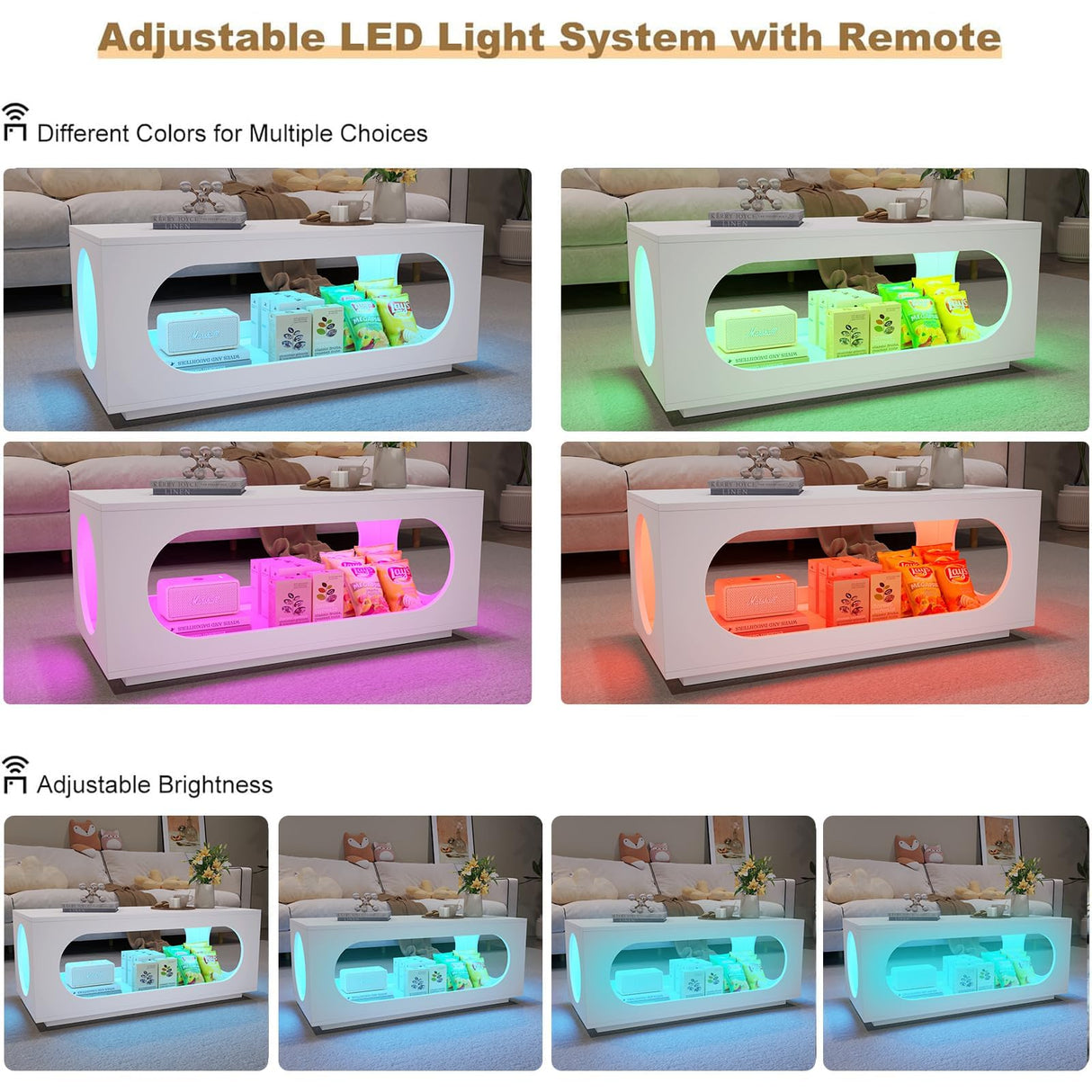 HedoAjim 43" White Led Coffee Table for Living Room, Modern Living Room Table Rectangular Contemporary Center Table with Storage, Wooden Coffee Tables with LED Lights for Dining Reception Room HedoAjim