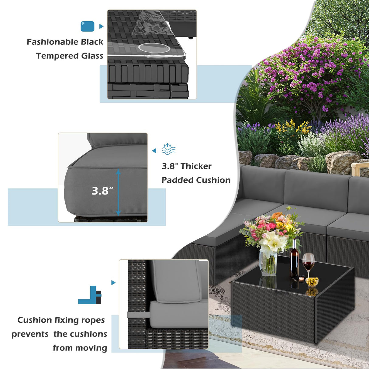 U-MAX 7 Piece Outdoor Patio Furniture Set with 30 Inch Fire Pit Table, PE Rattan Wicker Sofa Set, Outdoor Sectional Furniture Chair Set with Cushions and Tea Table, Black Rattan&Dark Grey Cushion U-MAX