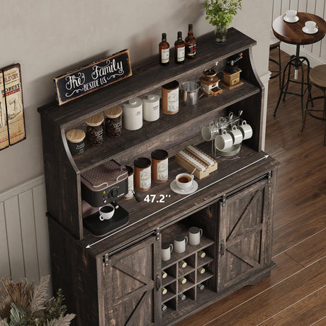47" Farmhouse Coffee Bar with 3-Tier Storage, Kitchen Hutch with 12 Wine Racks & 3 Glass Holders, Coffee Hutch Cabinet with 6 Hooks, Wine Bar Cabinet for Kitchen, Dining Room, Living Room, Rustic Oak REVOMINCA