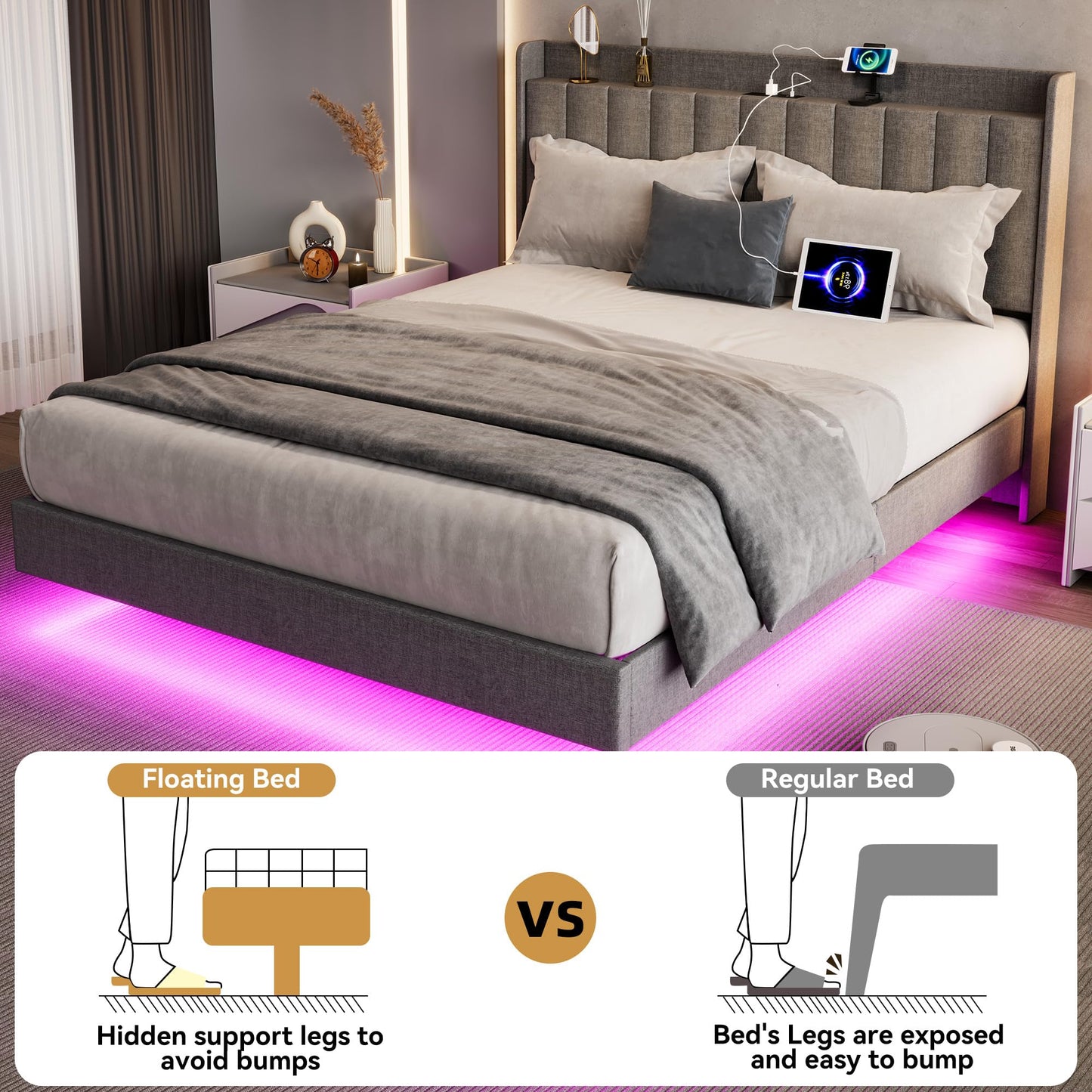 Coucheta King Size Floating Bed Frame with LED Lights and Charging Station in Grey - WoodArtSupply