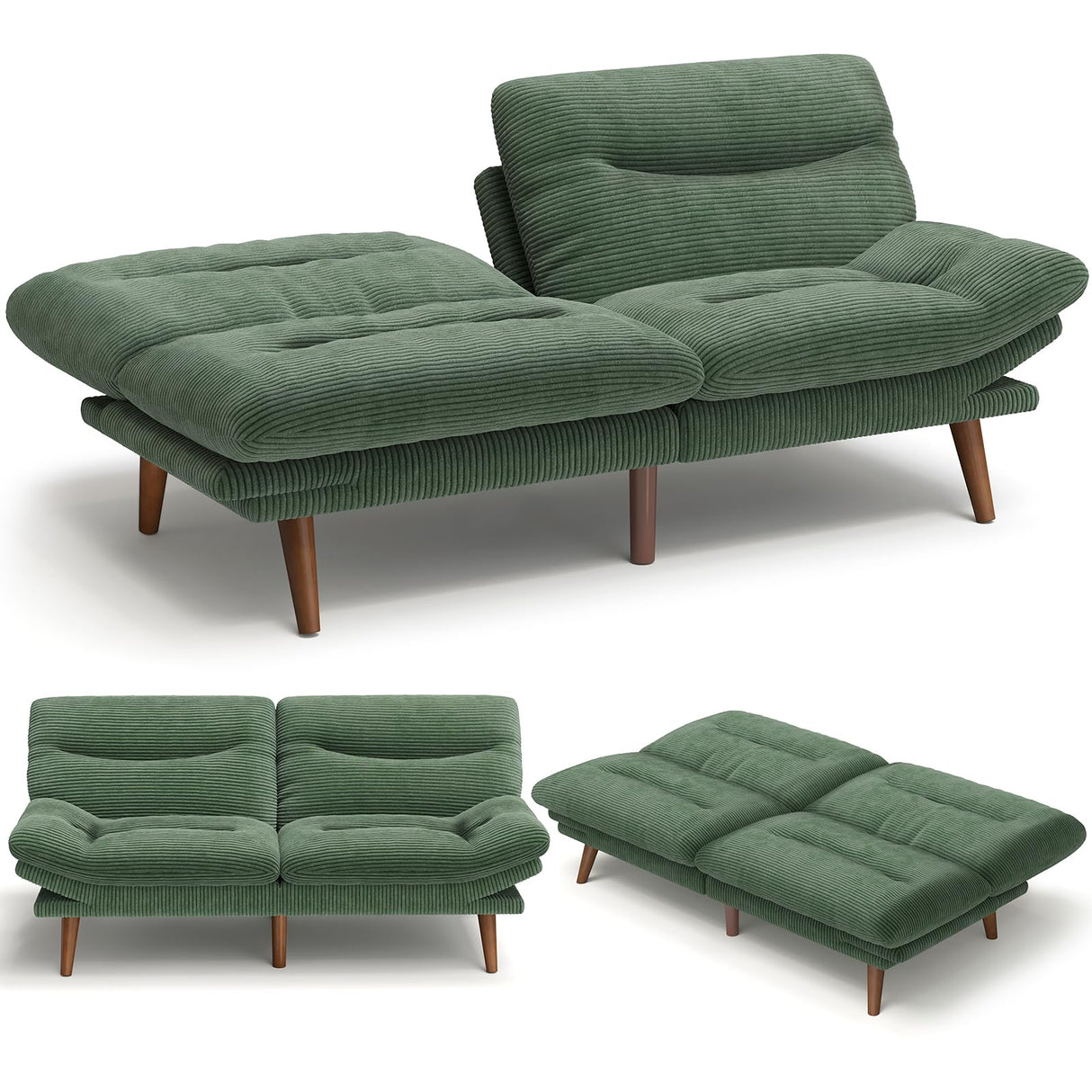 Amada 66" Convertible Futon Sofa Bed, Corduroy Folding Futon Set with Adjustable Backrest &Armrests, Recliner Lounge for Living Room, Apartment or Office, Solid Wood Frame, Loveseat Sofa - Green AMADA HOMEFURNISHING