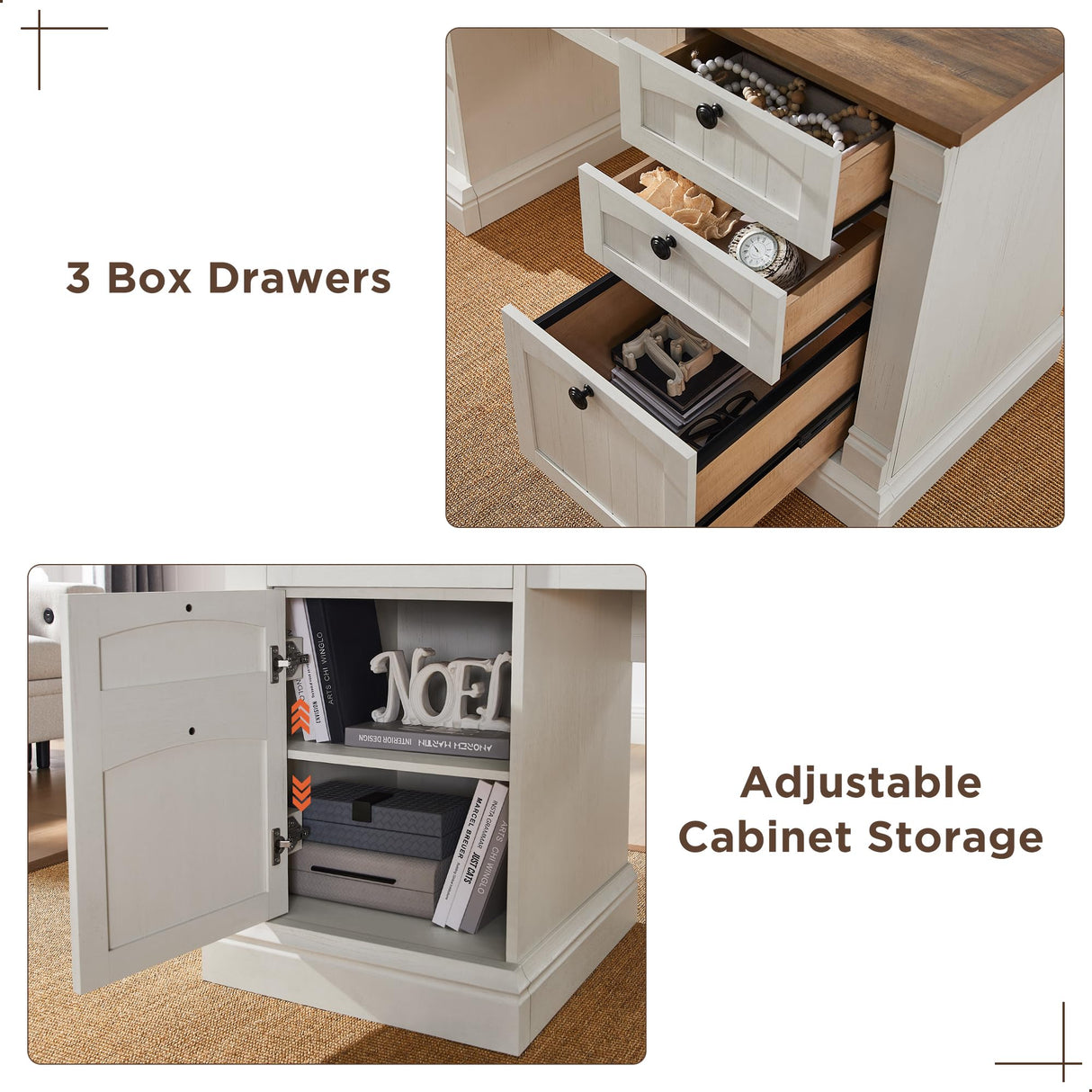 OKD 60" Executive Desk with Drawers, Farmhouse Home Office Desk with Charging Station, Keyboard Tray, File Cabinet Storage, Wood Computer Desk for Work and Study, Antique White OKD