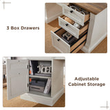 OKD 60" Executive Desk with Drawers, Farmhouse Home Office Desk with Charging Station, Keyboard Tray, File Cabinet Storage, Wood Computer Desk for Work and Study, Antique White OKD