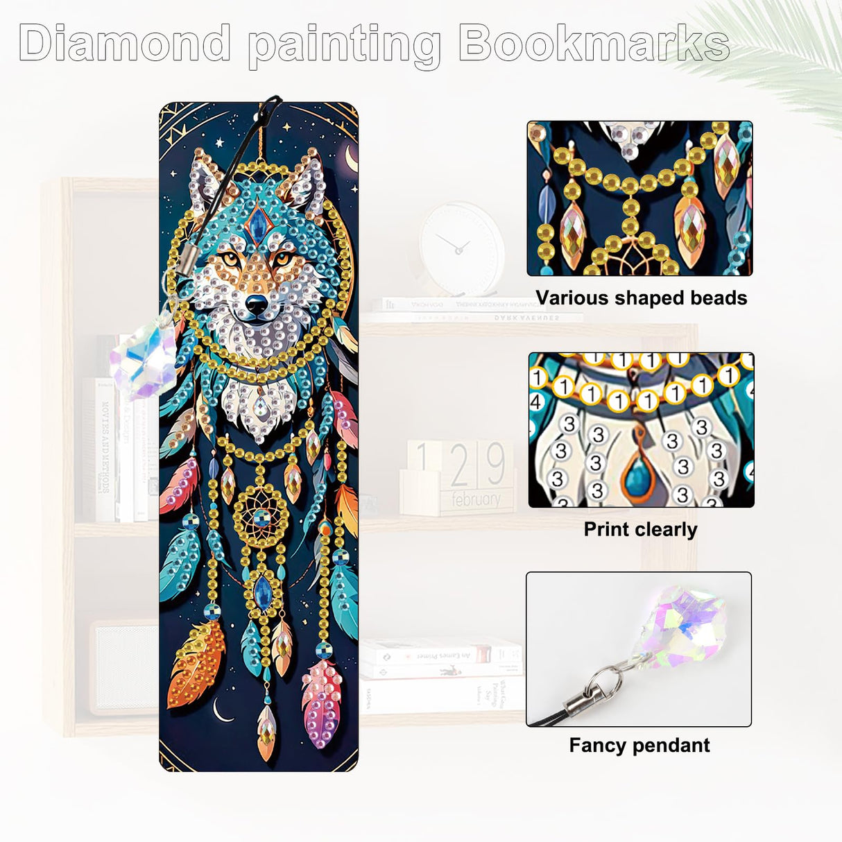 4 Pack Diamond Painting Bookmark Kits Blue Wolf Dreamcatcher, Special Shaped Diamond Art Bookmarks with Pendant, DIY Handmade Crafts Home Office Supplies Reading Bookmark, Perfect Gift for Book Lovers Focart