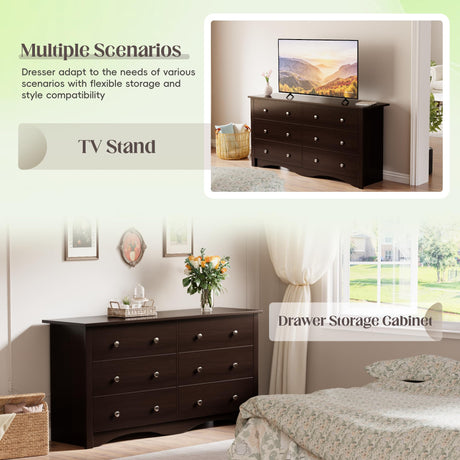 JUMMICO Dresser for Bedroom, 6 Wood Dresser Drawers, Wide Chest of Drawers, Storage Tower Unit, Modern Design for Bedroom, Living Room, Hallway, Entryway (Dark Brown) JUMMICO