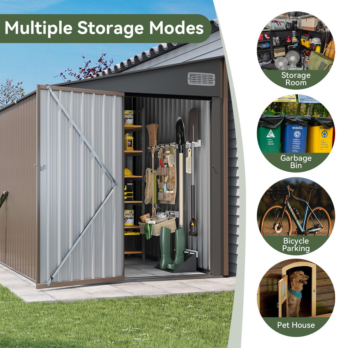 Breezestival 7'x5.5' Lean to Shed Large Storage Room Galvanized Steel Storage Sheds with Side Door Waterproof Utility Shed with Sloped Roof for Mower, Bike, Garden Tools (Brown) Breezestival