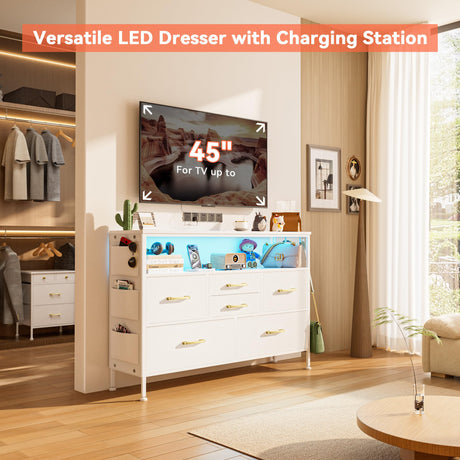YILQQPER Dresser for Bedroom TV Stand with Power Outlets and LED Light, 6 Drawers Dresser with Side Pockets & Hooks, Wide Dresser with Shelves for 45" TV, Fabric Chest of Drawers with PU Finish, White YILQQPER