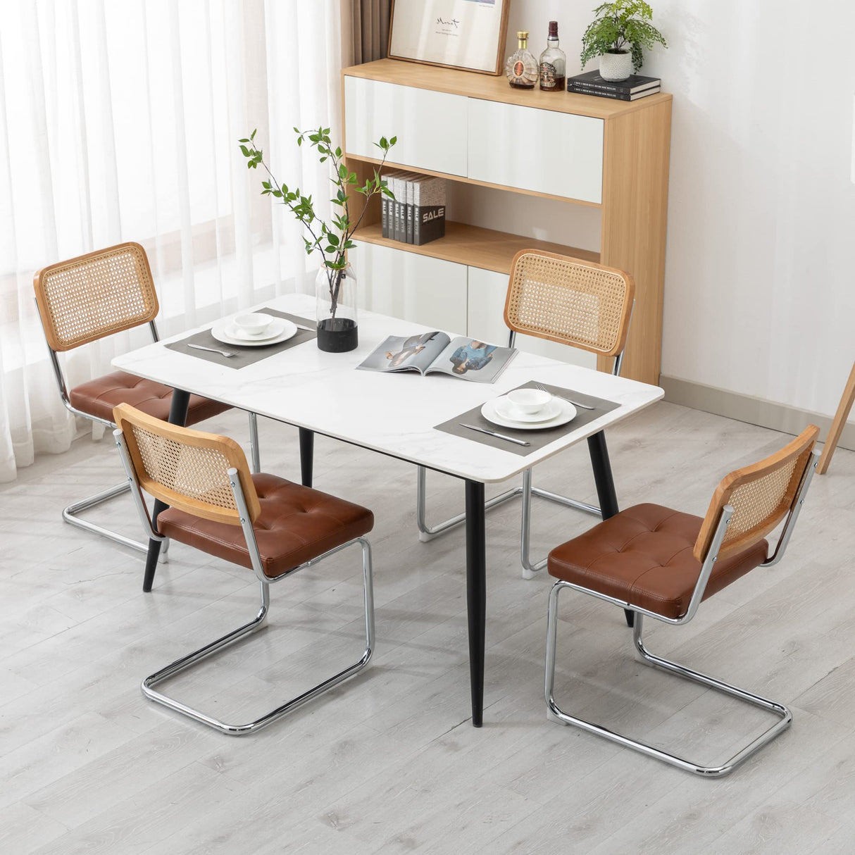 KCC Mid Century Modern Dining Chairs Set of 2, Faux Leather Rattan Dining Room Kitchen Side Chairs with Metal Legs and Upholstered Seat for Dining Room, Living Room, Bedroom,Brown KCC