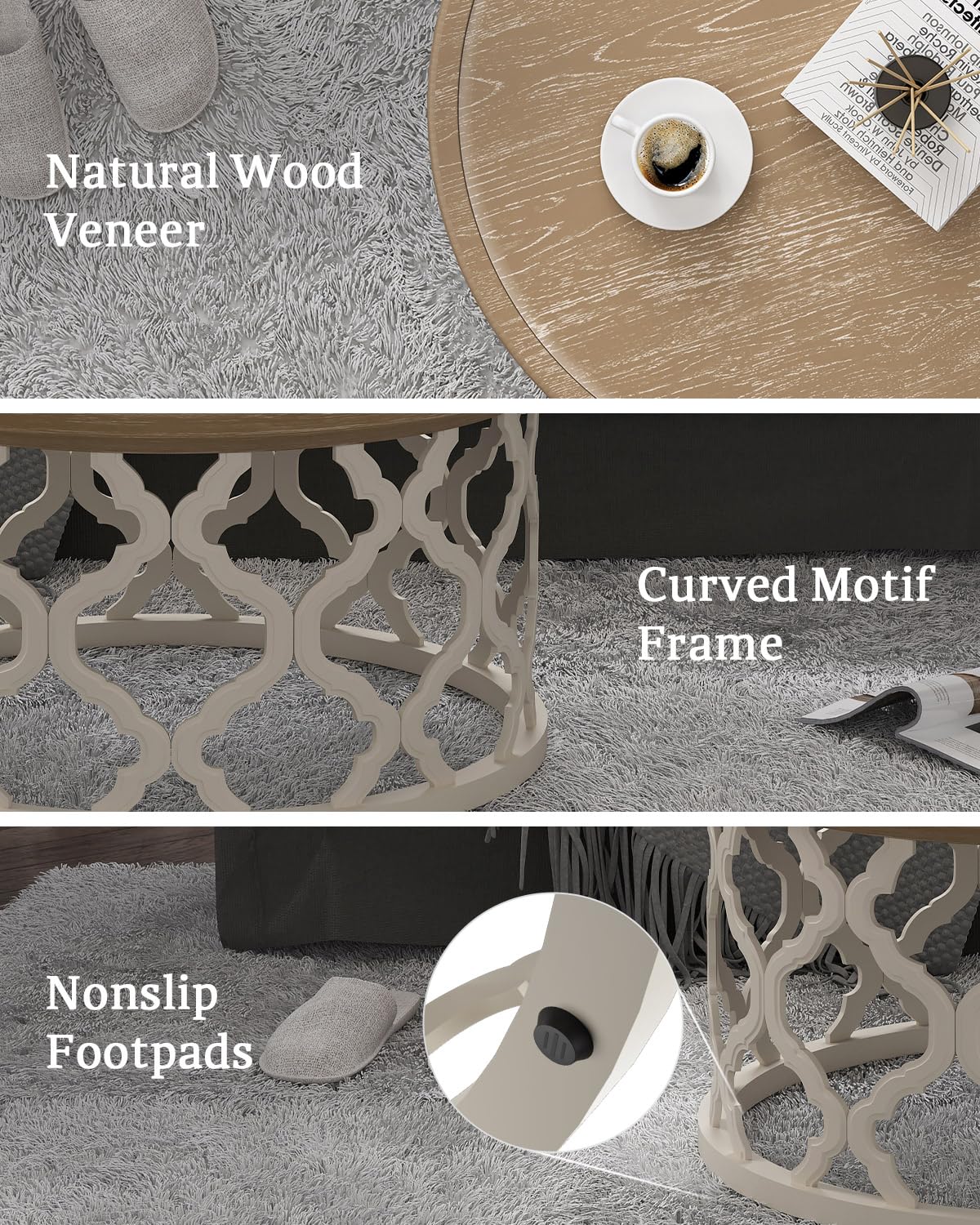 VONLUCE Farmhouse Coffee Table,30'' Round French Country Coffee Table,Distressed Wood Tray Top Vintage Coffee Table with Storage Shelf for Living Room Dining Room Bedroom,Small Space,Beige VONLUCE