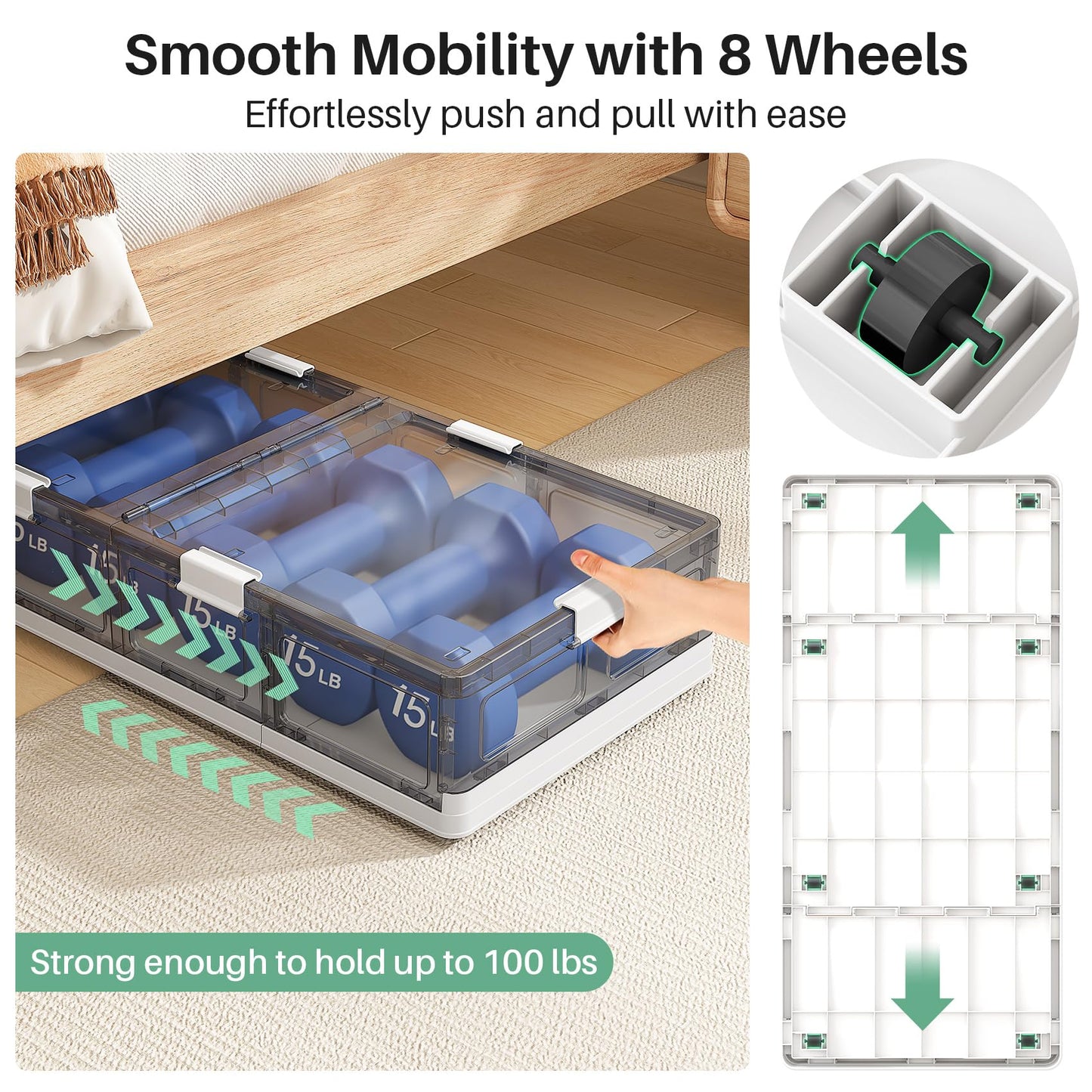 Kitstorack Clear Plastic Under Bed Storage Containers Bins with Lids and 8 Pre-installed Wheels,37.8 Qt, Rolling Foldable Flat Under Bed Organizer Boxes for Clothes Shoes Clothing Bedroom, Large