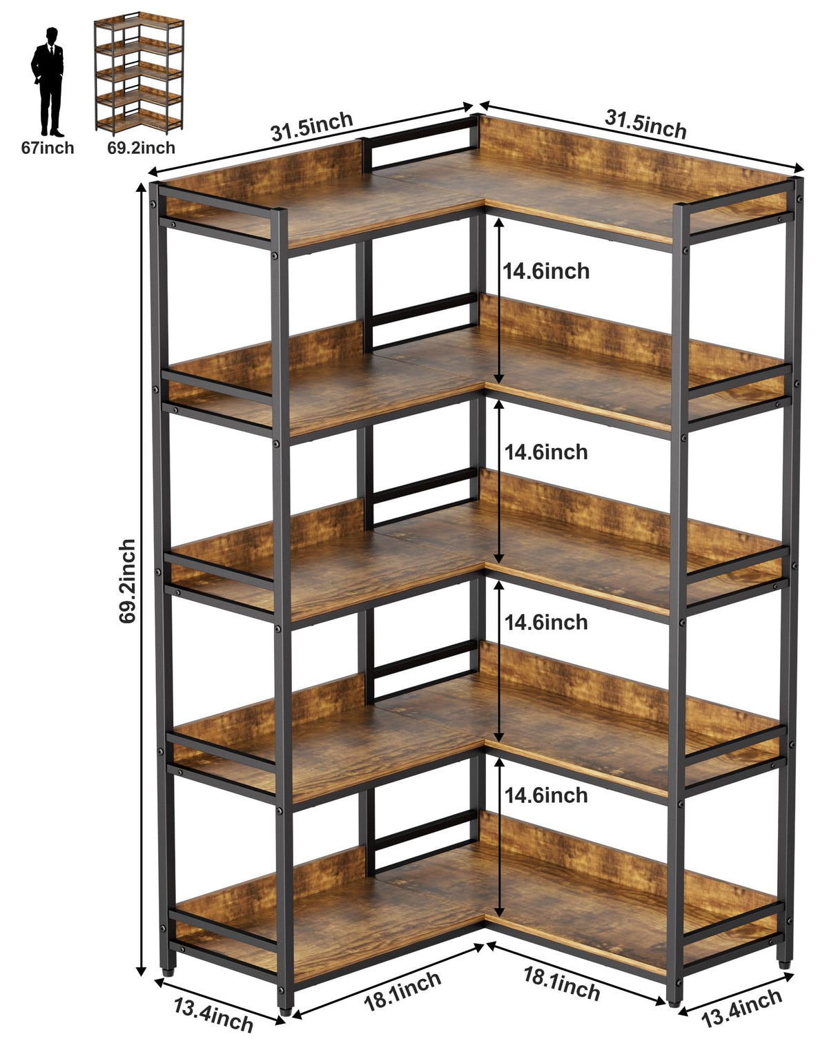 Aquzee Large 5-Tier Corner Bookshelf - Modern Tall Corner Shelf Storage Display Rack with Sturdy Metal Frame - Perfect for Living Room, Home Office, Books and Decor Display Aquzee