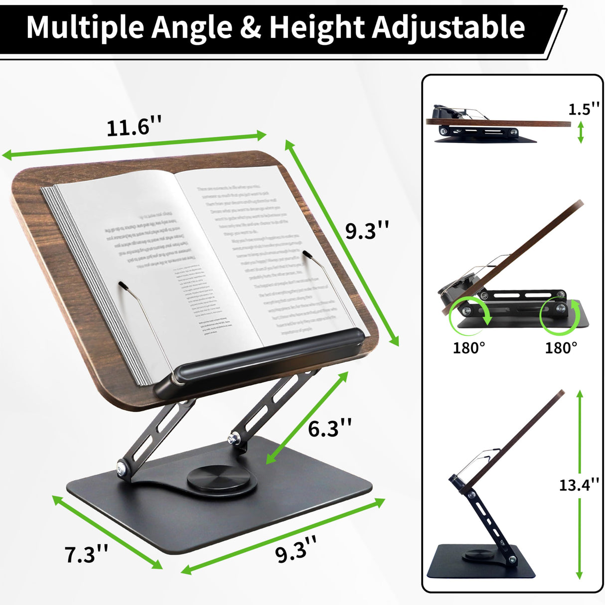 New Upgrade Book Stand for Reading, Book Holder with 360° Swivel Base, Adjustable Height & Angle Cookbook Stand, Foldable Recipe Book Holder for Kitchen, Textbook, Music Stand, Lightweight & Portable GYINGS