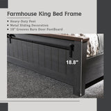 IFGET Farmhouse King Size Bed Frame with 47" Headboard, Wood Bed Frame with Groove Sliding Barn Door Footboard, Platform Bed with Wood Slats Support, No Box Spring Needed (Dark Grey) IFGET