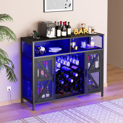 HDDDZSW XXL LED Wine Cabinet Home Bar Cabinets with Power Outlets, Coffee Bar Cabinet Liquor Cabinet for Glasses, Black Buffet Cabinet TV Stand with Wine Racks Countertop for Dining Kitchen