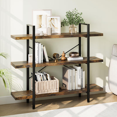 OtterOasis Heavy Duty 3-Tier Industrial Bookcase, 39" Wide Wood Bookshelf for Home Office, 120lbs Shelf Capacity, Rustic Open Shelving Display with Reinforced Horizontal Shelf for Living Room Bedroom