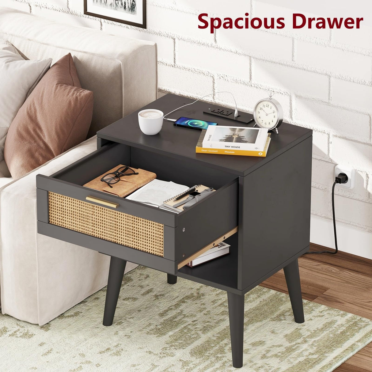 Irontar Nightstand Set of 2, Bedroom Night Stand with Charging Station & Rattan Drawer, Boho Style Bed Side Tables with Solid Legs, Accent End Table with Open Storage, Black and Natural BZZ007BME02 Irontar