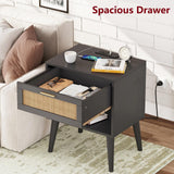 Irontar Nightstand Set of 2, Bedroom Night Stand with Charging Station & Rattan Drawer, Boho Style Bed Side Tables with Solid Legs, Accent End Table with Open Storage, Black and Natural BZZ007BME02 Irontar