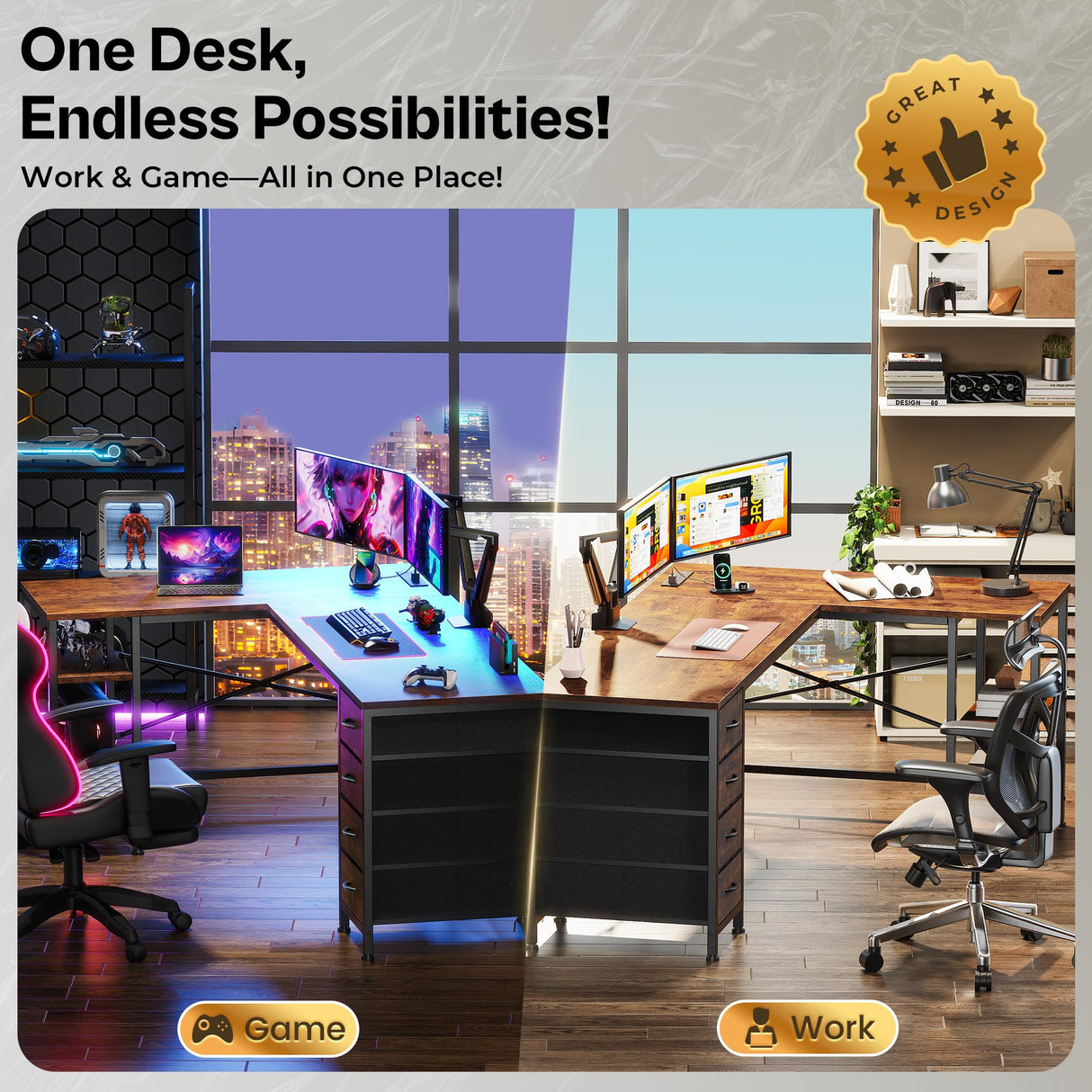 Huuger 63 Inch L Shaped Desk with Fabric Drawers, Reversible Computer Gaming Desk with Power Outlets and USB-C Port, Adjustable Side Storage Shelves, for Work Study Corner Home Office, Rustic Brown Huuger