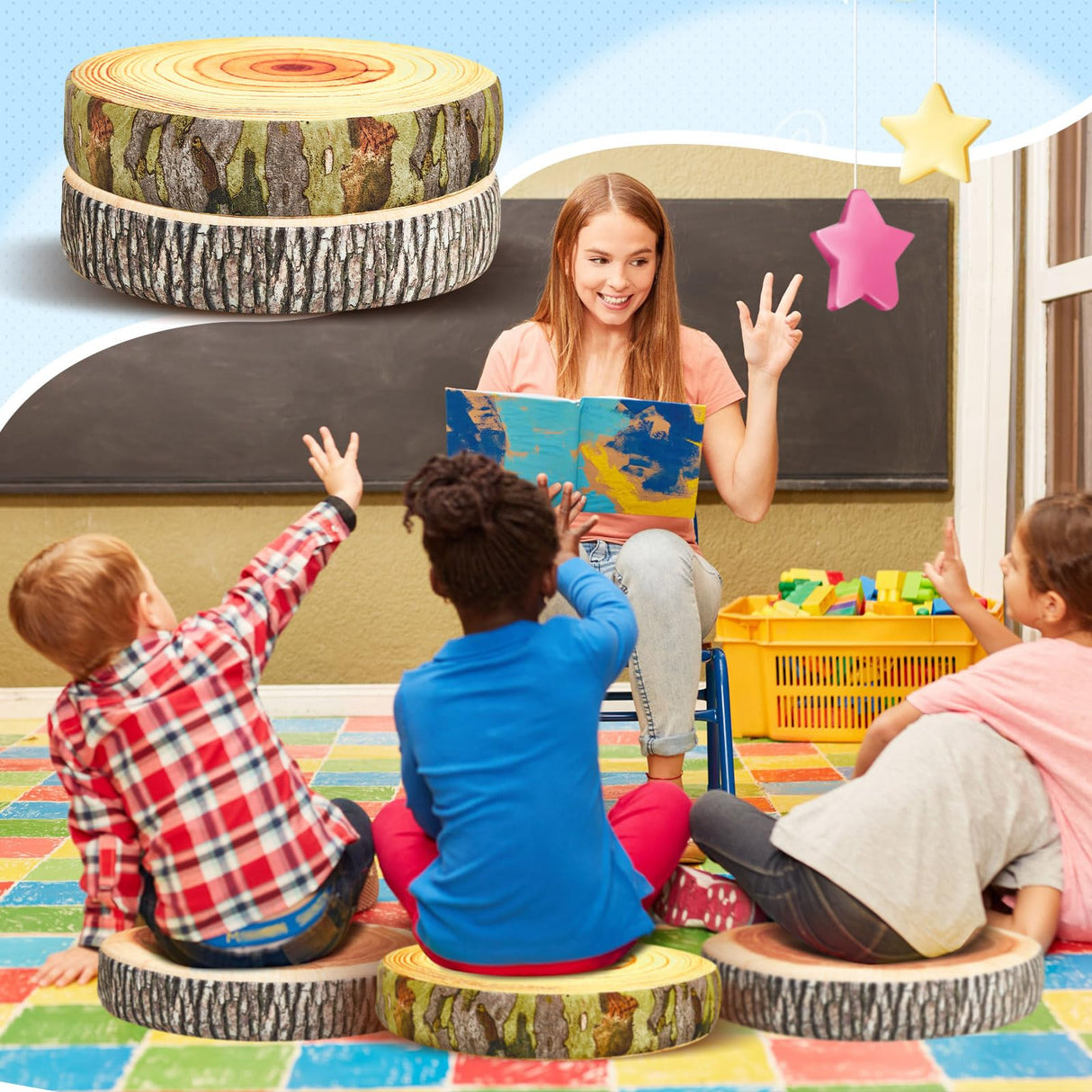 8 Pcs Flexible Seating Floor Sitting Cushion for Classroom Soft Tree Stump Stool Set 3D Digital Print Soft Round Throw Pillow Decorative Wood Slice Floor Cushion for Classroom Kids Couch Chair Home Juexica