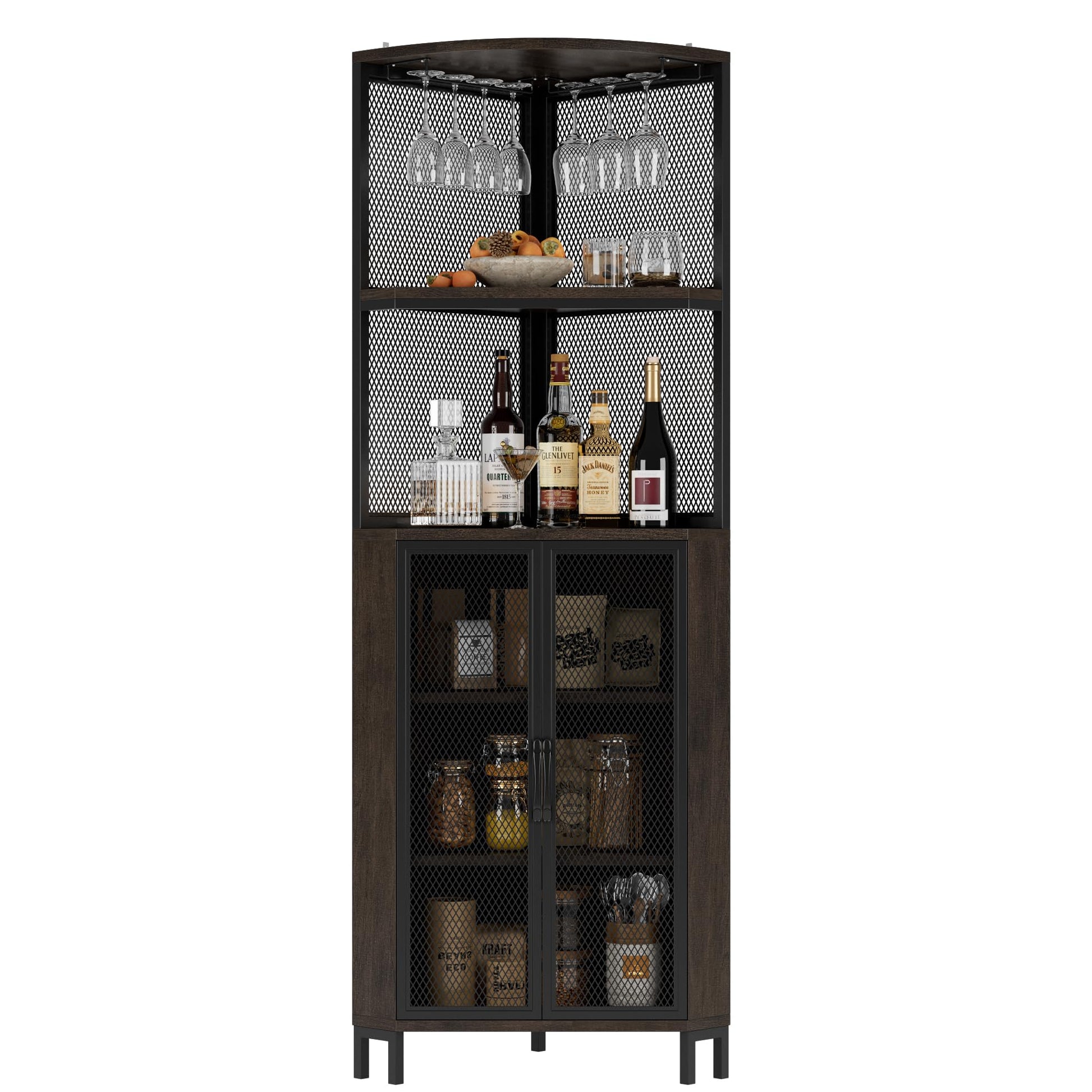 HITHOS 67" Tall Corner Bar Cabinet, Industrial Wine Bar Cabinet with Glass Holder, 6-Tier Liquor Cabinet with Adjustable Shelves, Corner Display Cabinet for Kitchen, Dining Room, Dark Brown - WoodArtSupply