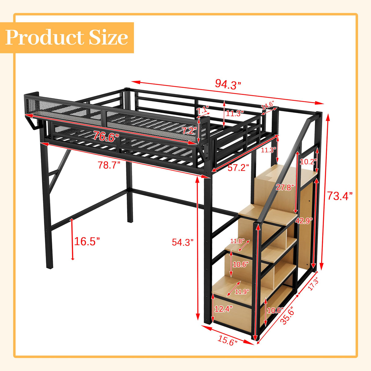 Mirightone Full Size Loft Bed with Stairs and Storage, Metal Loft Bed Frame with Bedside Shelf and Large Under-Bed Space, Heavy-Duty Bed for Adults Teens and Kids, Black Mirightone