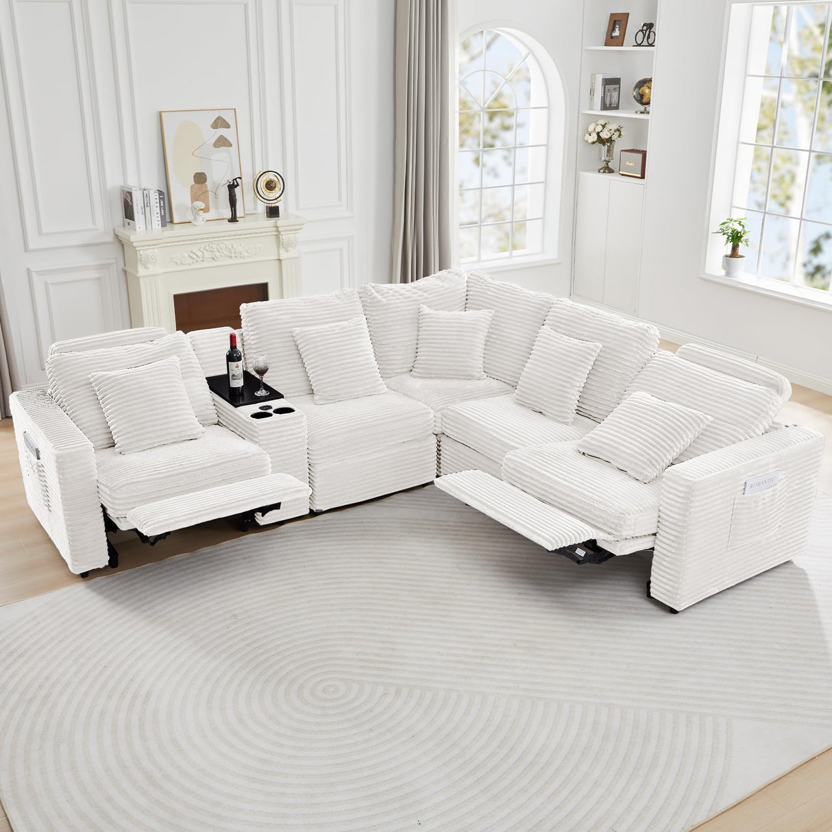 Sylphorium Power Recliner Sectional Sofa, L Shaped Couch with 2 Recliners and Center Console, Comfy Corduroy 5 Seater Modular Sofa for Living Room, Apartment, Home Theater (White) Sylphorium