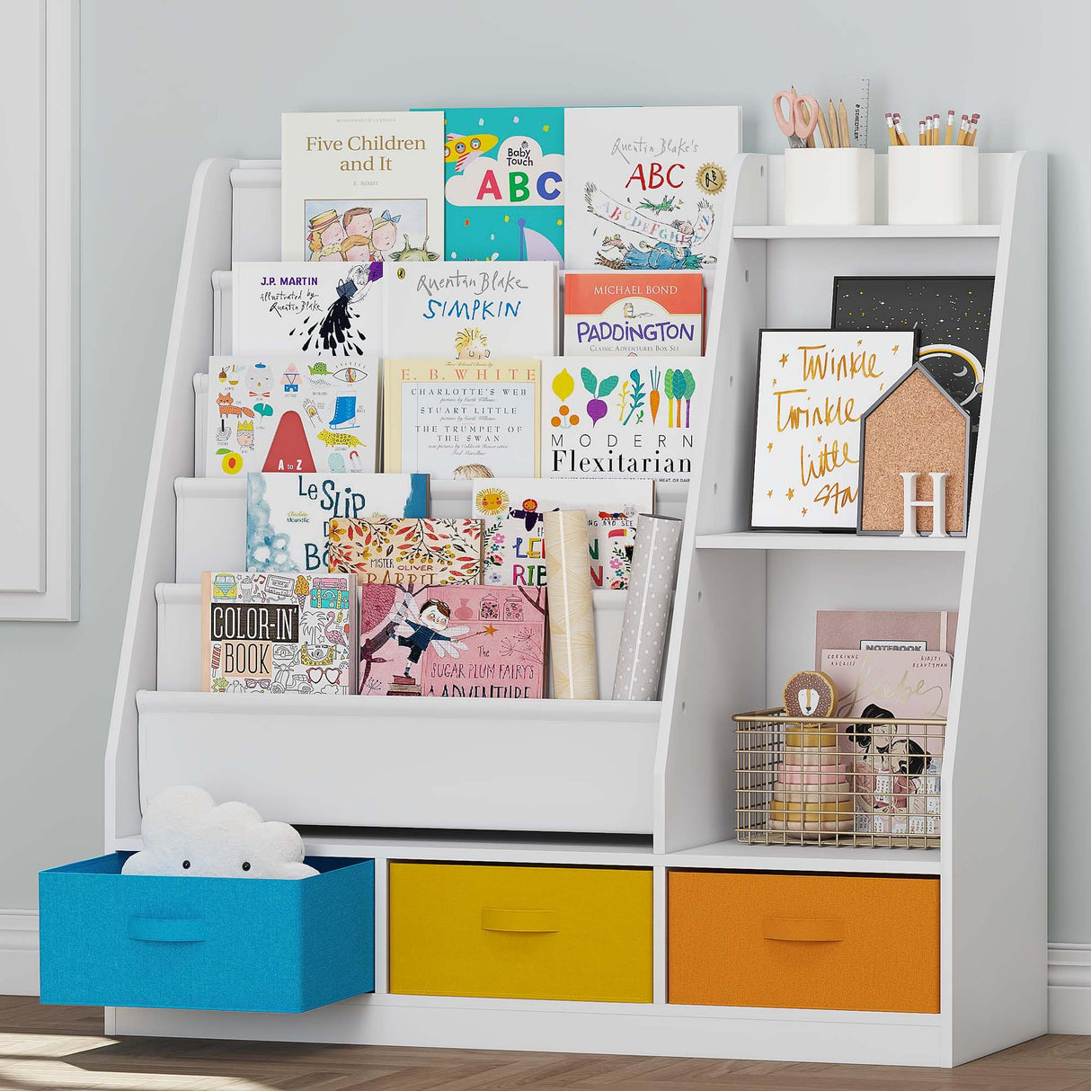 UTEX 5-Tier Kids Sling Bookshelf with Storage Bins, Wood Children Bookcase, Toddler Montessori Book Shelf for Kids Room, Classroom, Bedroom, and Nursery, White UTEX