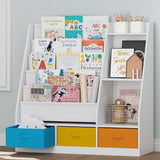 UTEX 5-Tier Kids Sling Bookshelf with Storage Bins, Wood Children Bookcase, Toddler Montessori Book Shelf for Kids Room, Classroom, Bedroom, and Nursery, White UTEX