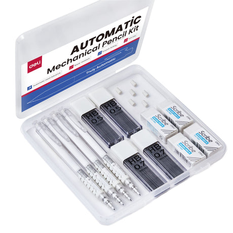 Deli Mechanical Pencils Set, Automatic Lead Advances, 4 Pcs Mechanical Pencils 0.5mm & 0.7mm, 100 Pcs 0.5mm and 100 Pcs 0.7mm Pencil Leads, 4 Erasers and 6 Eraser Refills, School Office Leven