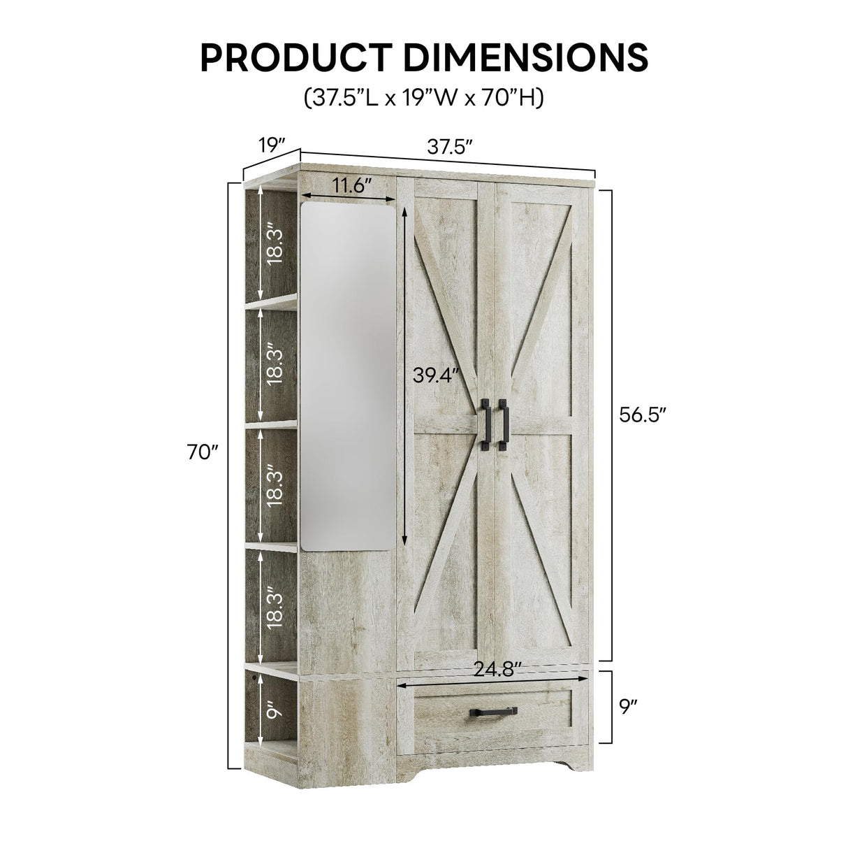 LIKIMIO Armoire Wardrobe Closet 70 Inches, Large Storage with Mirror, 2 Doors, Drawer, and Shelves, Modern Bedroom Freestanding Wooden Wardrobe Combination with Hanging Rail, Rustic Maple LIKIMIO