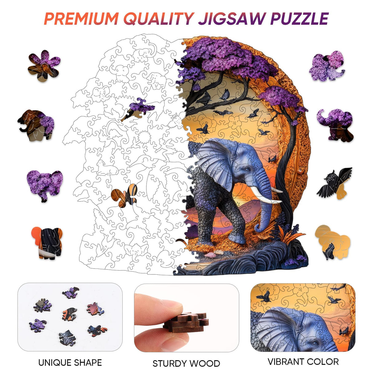 Wooden Puzzle for Adults 200 Pcs, 3D Vision Effect Elephant Forest Puzzle Unique Shape Advanced Jigsaw Puzzle, Challenge Wooden Jigsaw Puzzle for Family Game (11.2 x 10.9 in) Qiuenisray