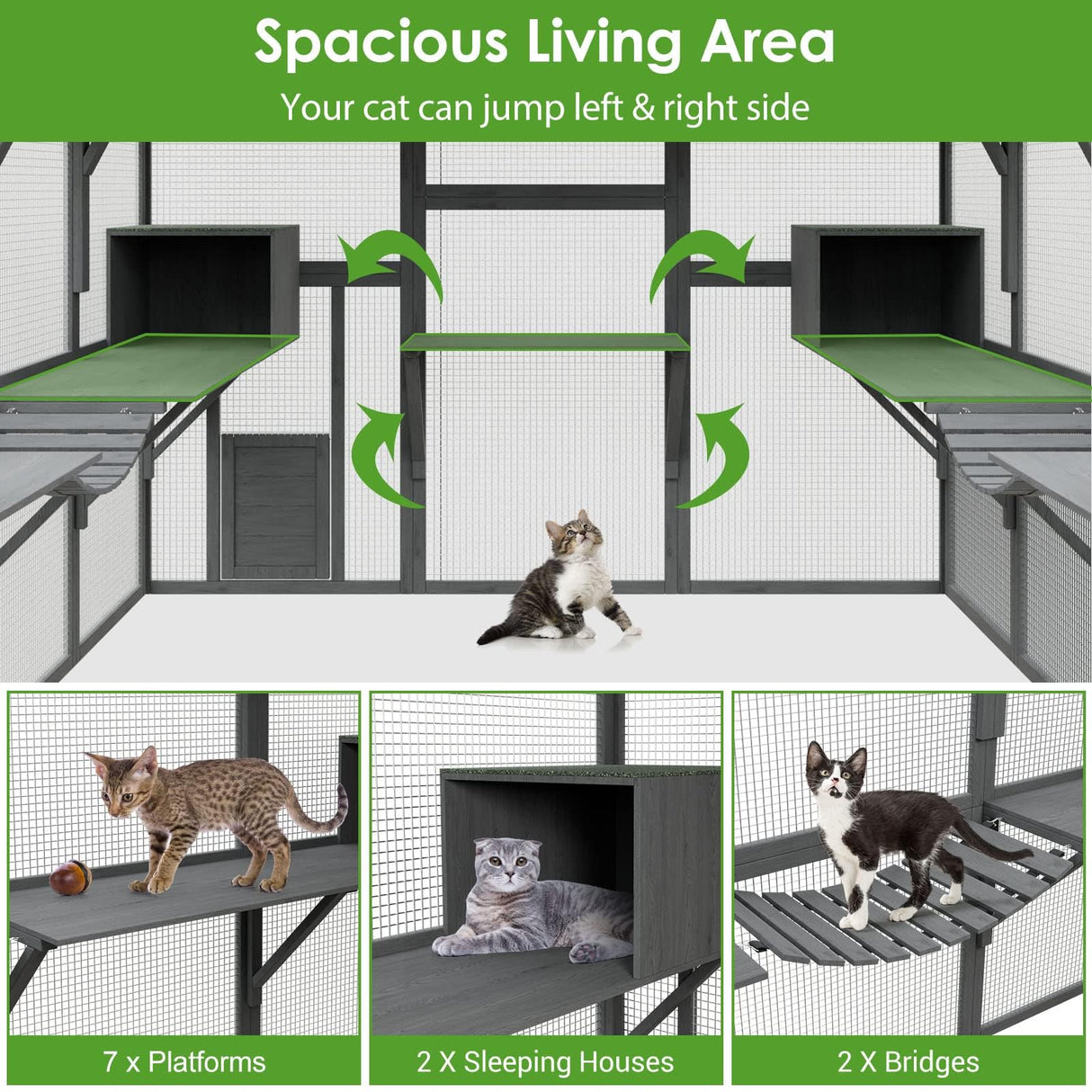 Lovinouse Extra Large Wooden Outdoor Cat House 57.2ft², Cat Run Enclosure Walk in Cat Catio Kitten Condo with Enter Door, 2 Cat Doors, 2 Playpen & Hiding Houses, Bridges, Walks, Roof Cover，Grey Lovinouse
