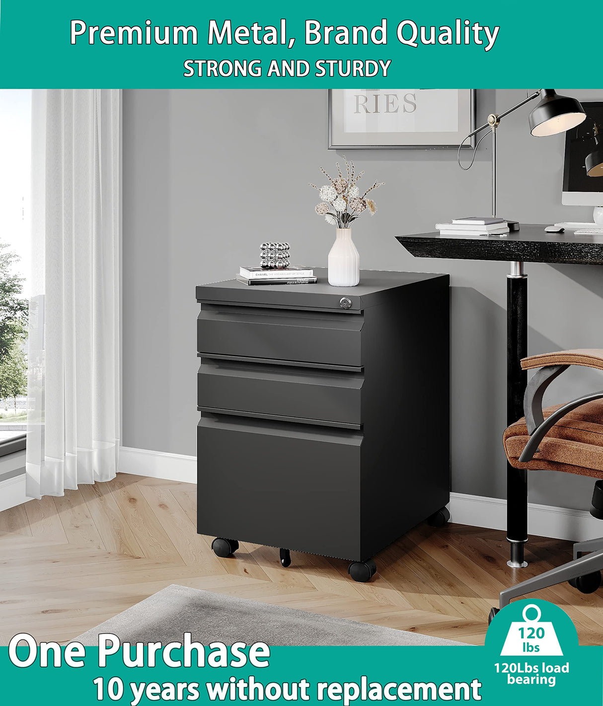 3 Drawer Mobile File Cabinet Under Desk Storage Drawers File Cabinets For Home Office, Office Organization File Cabinet With Lock Metal Filing Cabinet For Legal/letter/a4 File With Slim Width, Black SISESOL