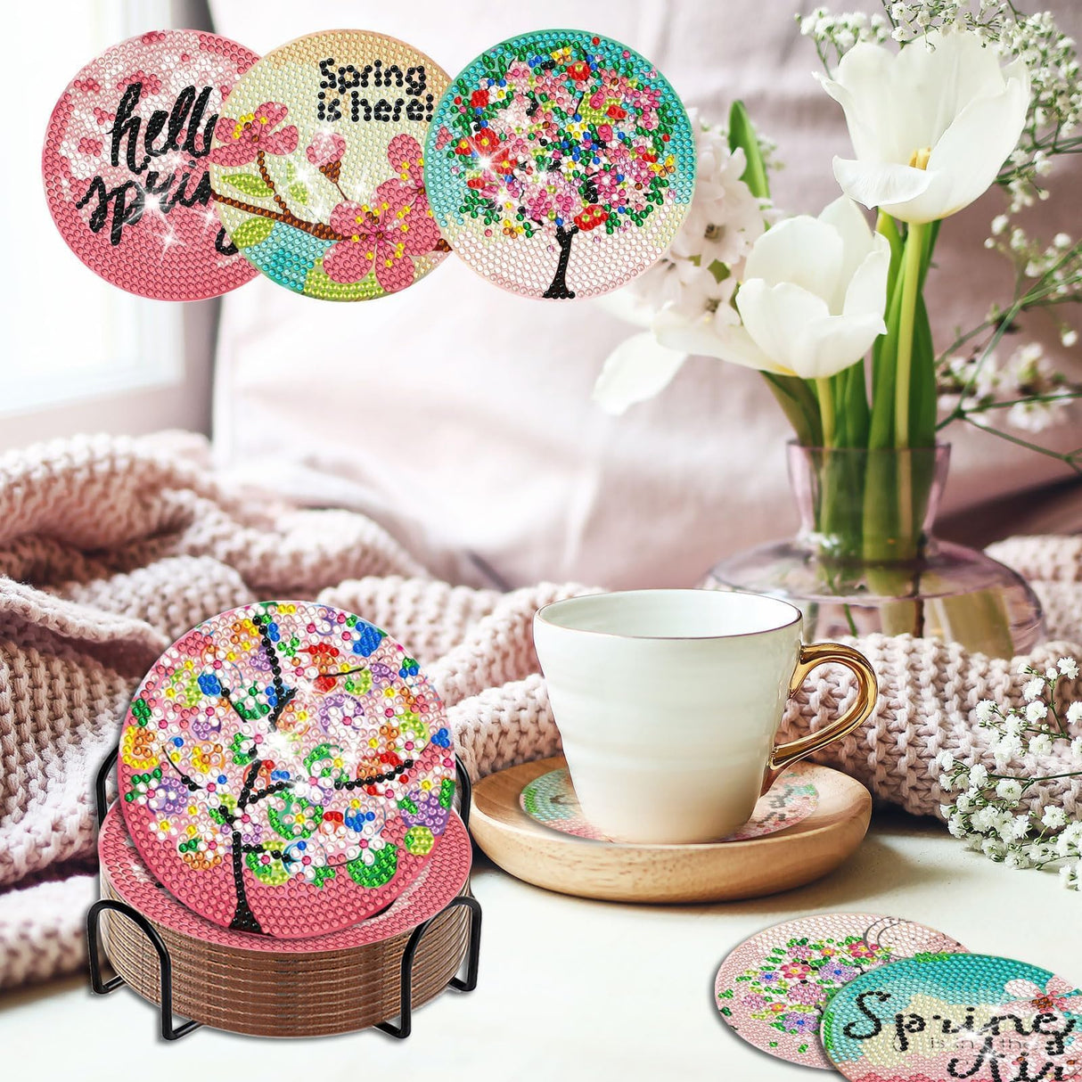Denylo pro 8 Pcs Spring Tree Diamond Art Coasters Kits with Holder DIY Spring Tree Diamond Art Coaster for Gifts Beginner Adults Kids Art Table Home Craft Gift Supplies Denylo pro