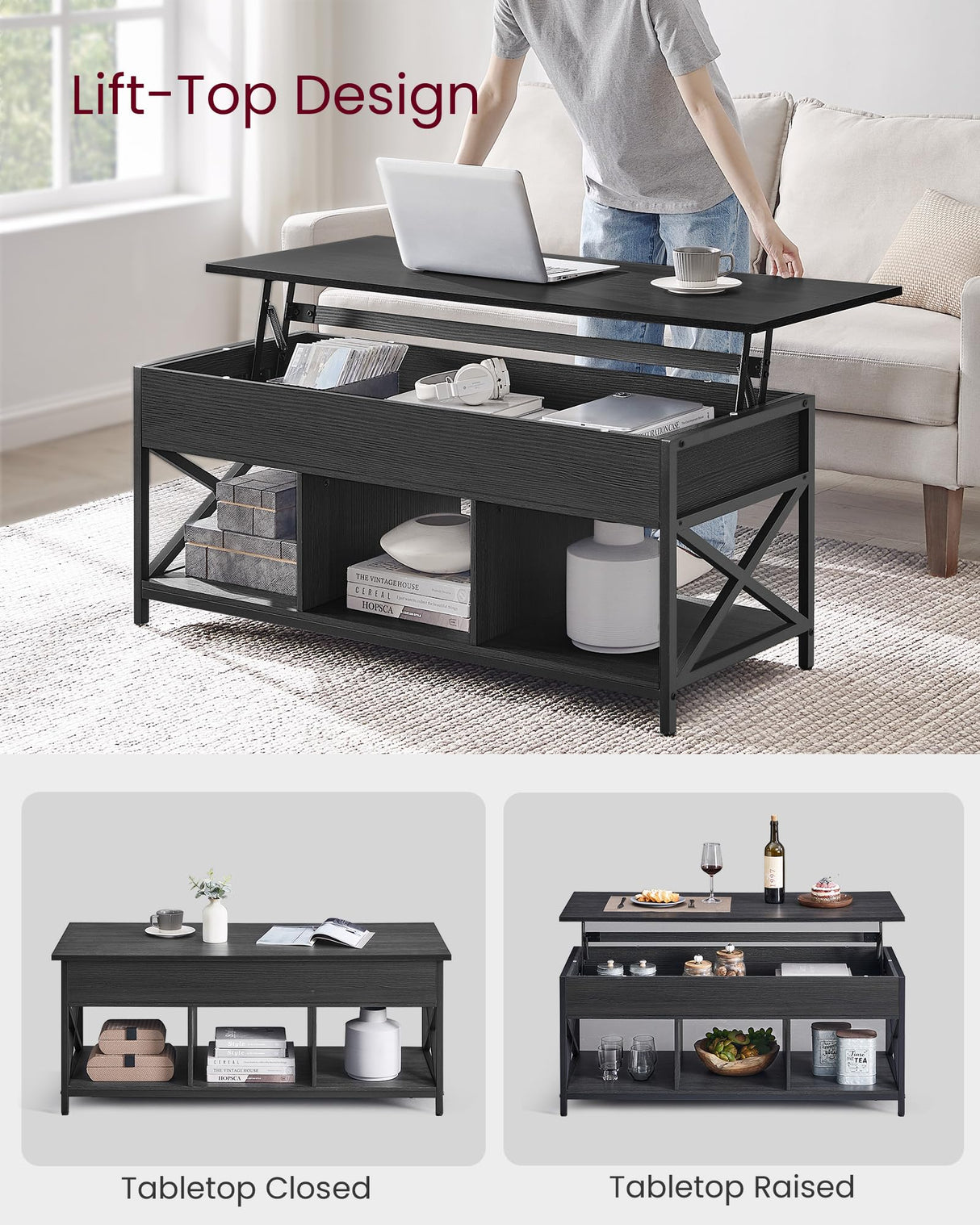 VASAGLE Lift Top Coffee Table, Lift Coffee Table with Storage Shelf, Hidden Compartments and Lifting Top, for Living Room, Office, 19.7 x 47.2 x (19.3-24.4) Inches, Black with Wood Grain ULCT212B22 VASAGLE