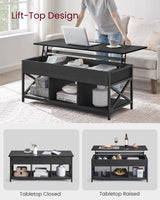 VASAGLE Lift Top Coffee Table, Lift Coffee Table with Storage Shelf, Hidden Compartments and Lifting Top, for Living Room, Office, 19.7 x 47.2 x (19.3-24.4) Inches, Black with Wood Grain ULCT212B22 VASAGLE