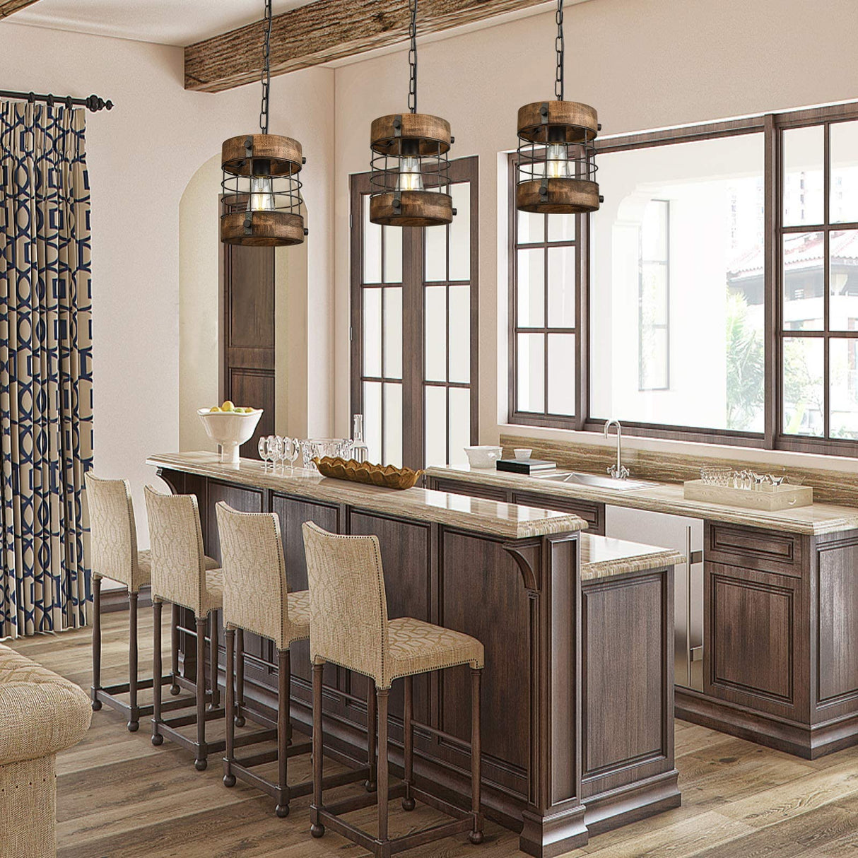 wochos Retro Industrial Metal and Wood Farmhouse Chandeliers, 1-Light Round Cage Pendant Light Fixtures for Farmhouse Kitchen Island Foyer Hallway Bar Dining Room Restaurant, Brown, 2 Pack wochos