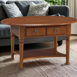 Leick Home Coastal Coffee Table, Solid Wood, Oval, with Drawer and Shelf, Pecan Brown, 20044-PC Leick Home