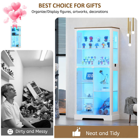 Lvifur Display Cabinet with Glass Doors, Modern Curio Cabinet with 3 Color Lights, 7-Tiers Glass Display Cases for Collectibles, Tall Storage Cabinet with Human Body Sensor for Living Room (White) Lvifur