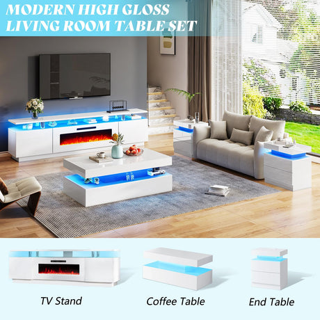 AMERLIFE High Gloss LED Coffee Table, Modern 2-Tier Center Table with LED Lights, Open Storage Space, 40in Simple Rectangular Sofa Side Table for Living Room, White AMERLIFE