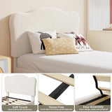 GarveeHome Upholstered Twin Size Bed Frame for Kids with Scallop Headboard, Cute Velvet Twin Bed for Girls, Boys, Sturdy Platform Bed, No Box Spring Needed, Wooden Slats, Noise Free, White GarveeHome