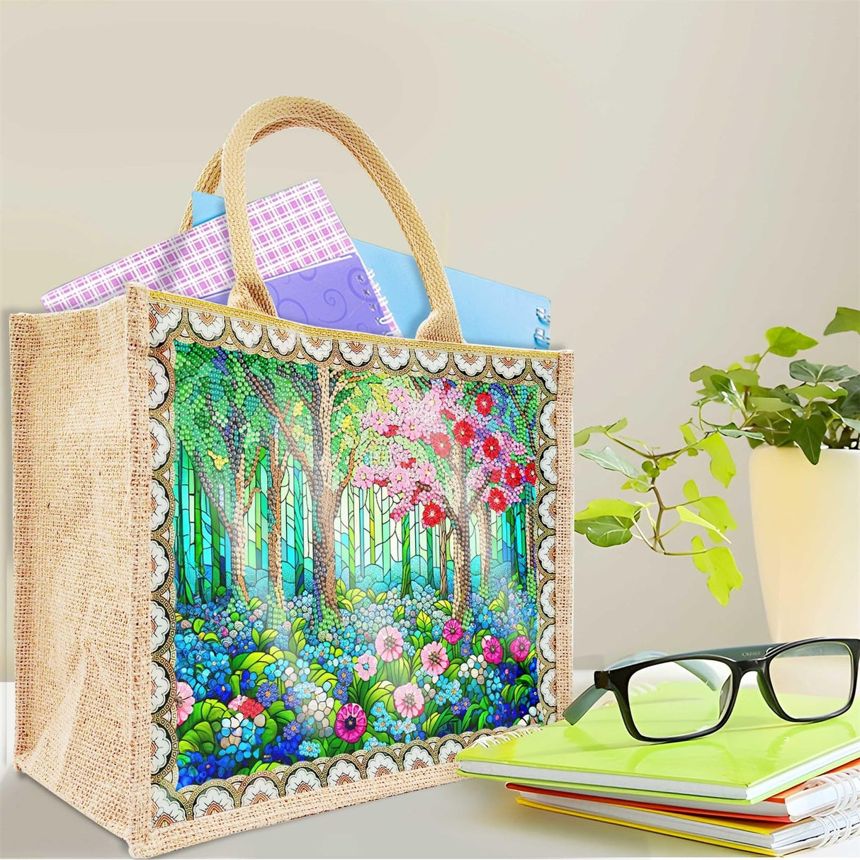 BAYUNOE Mandala Handbag Handmade Diamond Art Painting Purses with 2Pcs Replaceable Canvas Pattern DIY Shoulder Makeup Bag for Women Art Craft Gift-Plant BAYUNOE