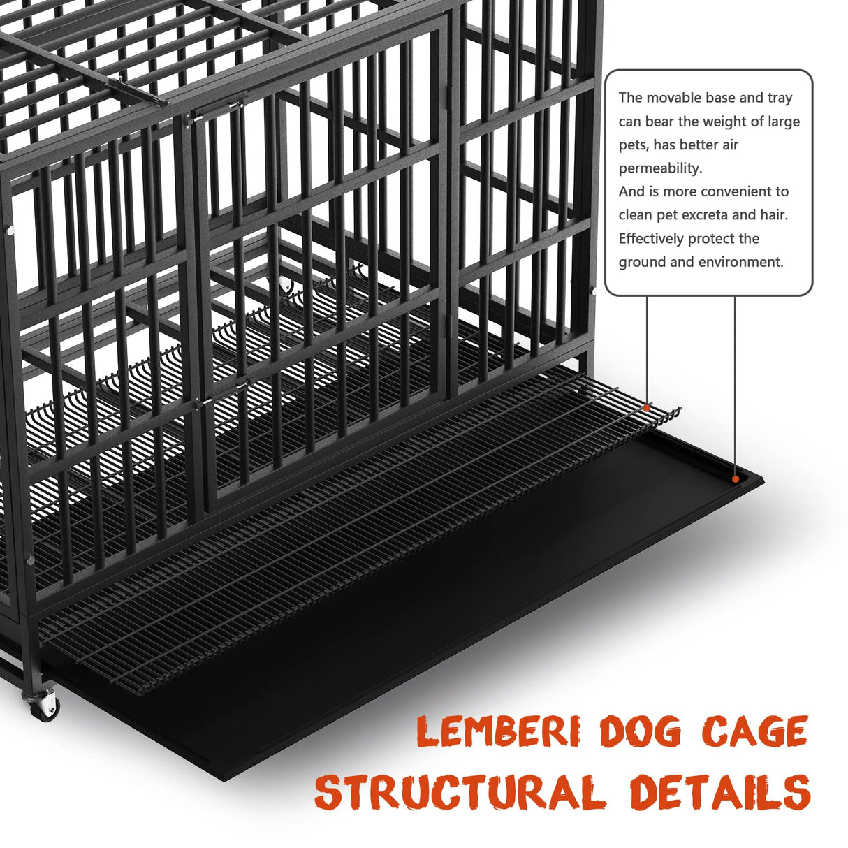 LEMBERI 48/38 inch Heavy Duty Indestructible Dog Crate, Escape Proof Dog Cage Kennel with Lockable Wheels,High Anxiety Double Door,Extra Large Crate Indoor for Large Dog with Removable Tray LEMBERI