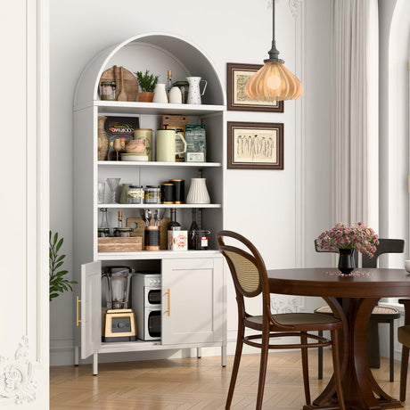 METALYEYE 73" H Metal Arched Cabinet, 5-Tier Arched Bookcase with 2 Doors, Modern Farmhouse Bookshelf with 2 Adjustable Shelves, Kitchen Pantry Cabinet for Living Room, Assembly Required, White METALYEYE