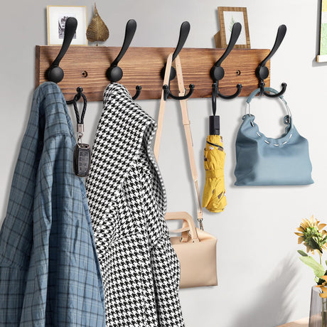 Kuhome Coat Rack Wall Mount Wooden Hat Rack for Wall Hooks Pine Real Wood Plank 16.9" Brown Coat Hanger with 5 Triple Hooks for Hanging Coat Hat Jacket Kuhome