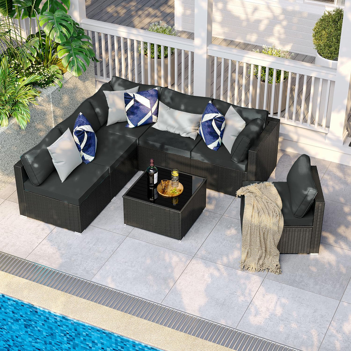 ELEGIBLISS 7 Pieces Patio Furniture Set - Outdoor Sectional Wicker Rattan Furniture with Cushion and Glass Table Patio Conversation Sets for Porch Poolside Backyard Outdoor Sofa Set Modular Sofa ELEGIBLISS