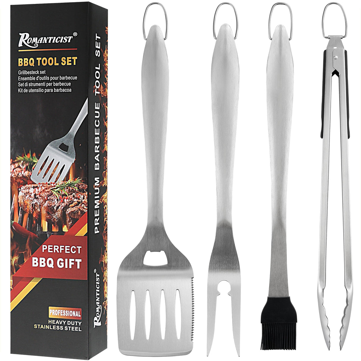 ROMANTICIST 4pc Heavy Duty Grill Accessories for Top Chef - Professional Grill Tools Set & Basic BBQ Tools for Backyard Restaurant Outdoor Kitchen - Deluxe Grill Gift for Dad on Father’s Day Birthday ROMANTICIST