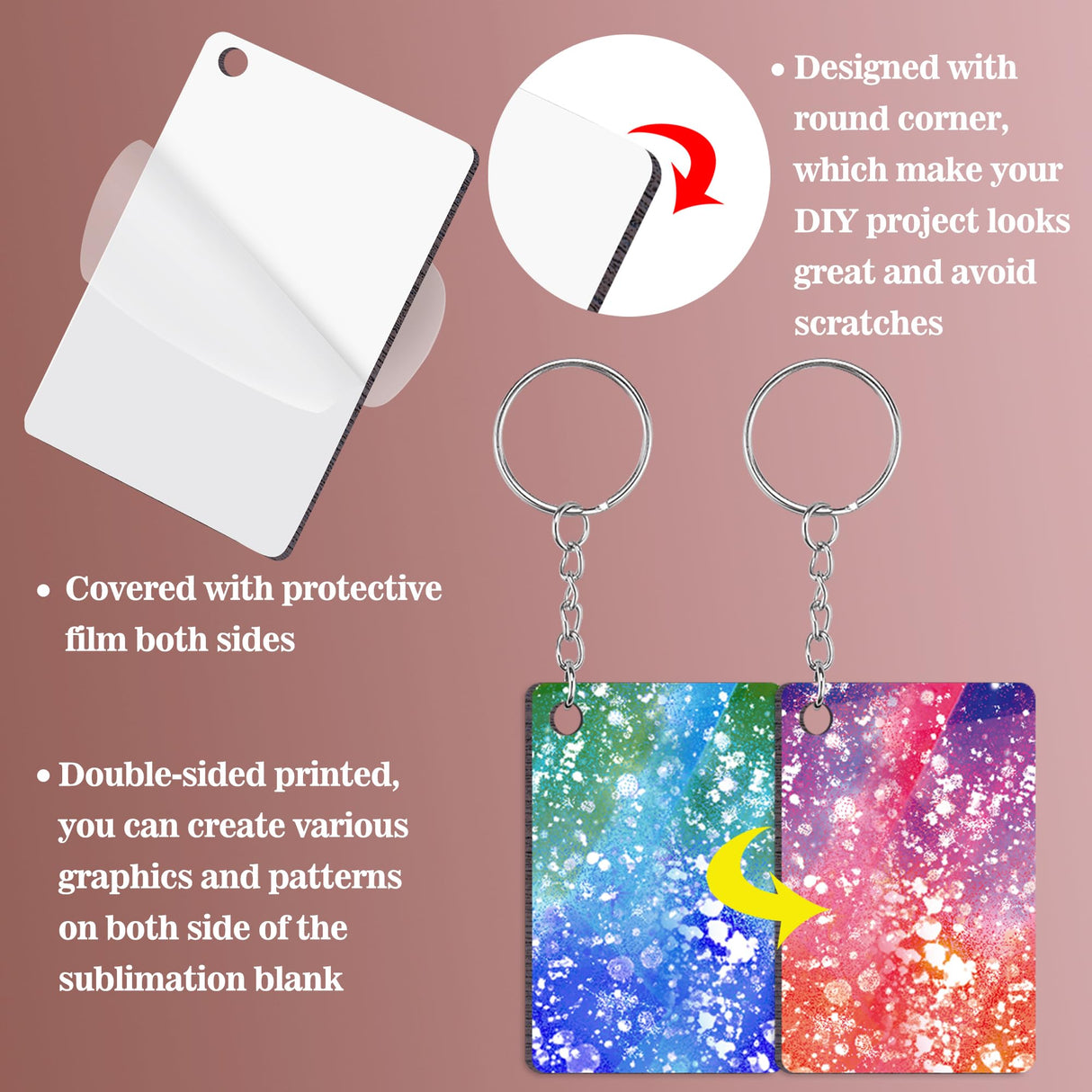 Duufin 120 Pieces Rectangle Sublimation Keychain Blanks Double Side Heat Transfer Blanks MDF Key Rings Blank Board Key Chain Blanks for Sublimation DIY and Craft Duufin