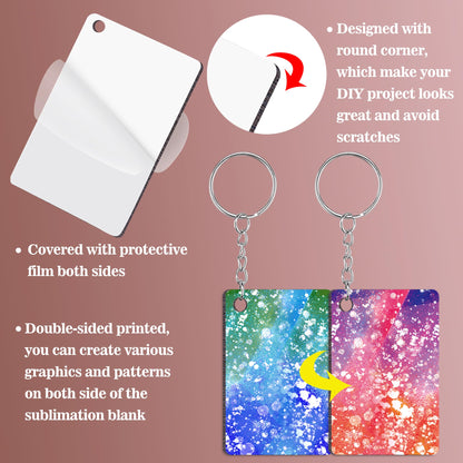 Duufin 120 Pieces Rectangle Sublimation Keychain Blanks Double Side Heat Transfer Blanks MDF Key Rings Blank Board Key Chain Blanks for Sublimation DIY and Craft